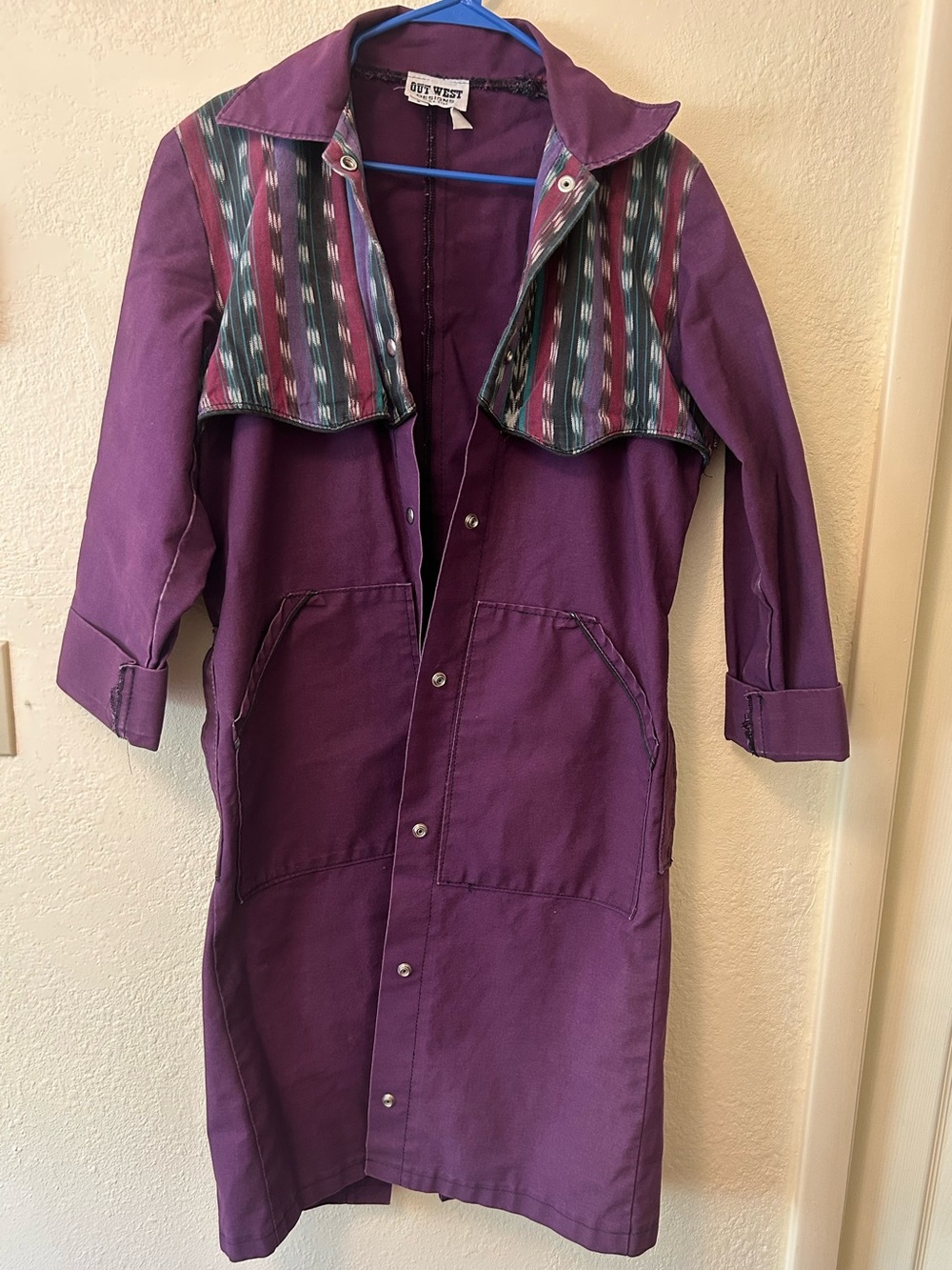 Vintage Out West Purple Women's Long Duster Coat with Patterned Yoke